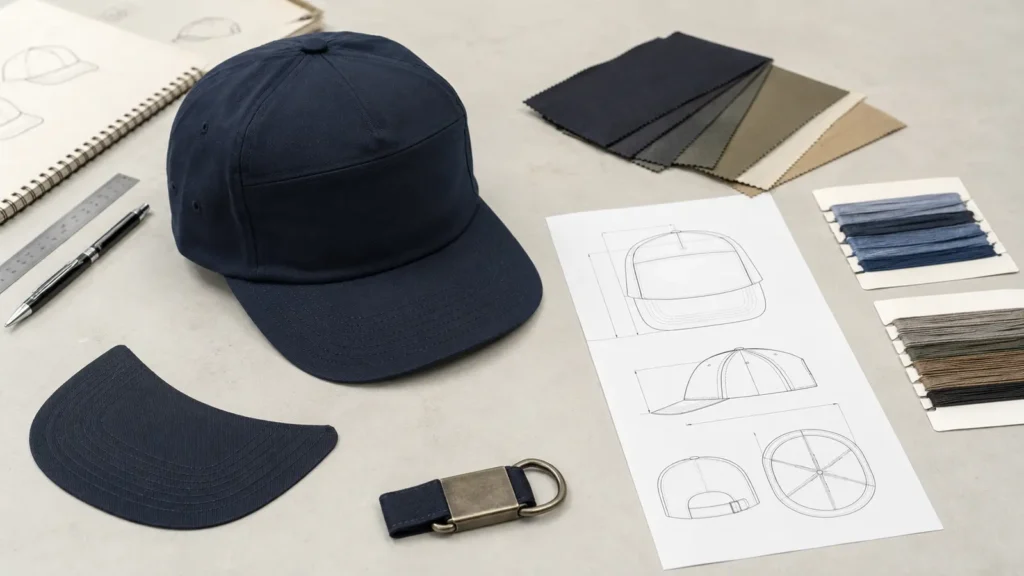 Unbranded navy custom hat with specification drawings fabric swatches embroidery threads brim and closure samples