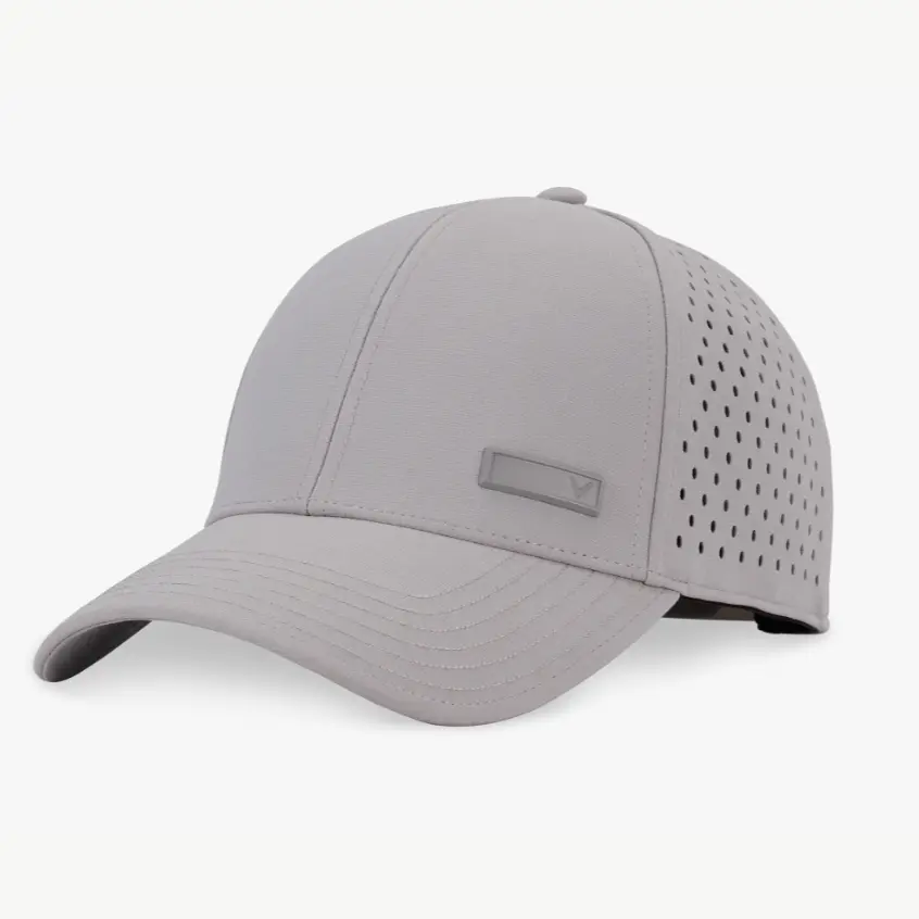 Grey custom golf performance cap with curved visor and side ventilation