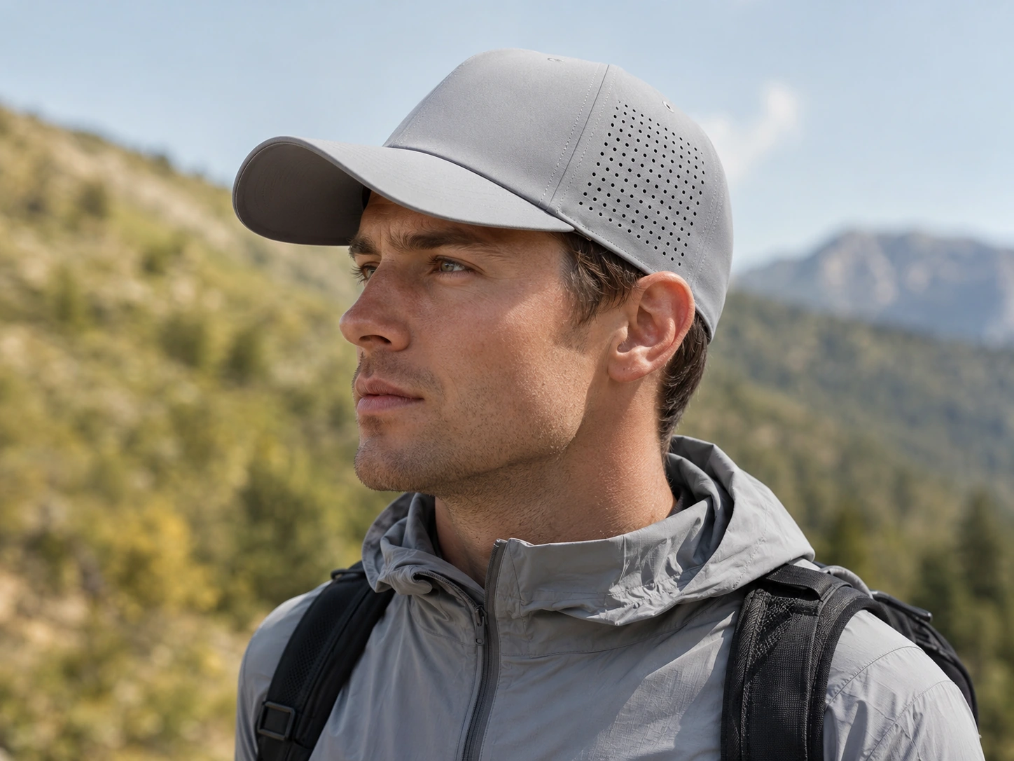 Hiker wearing a grey laser-perforated performance cap