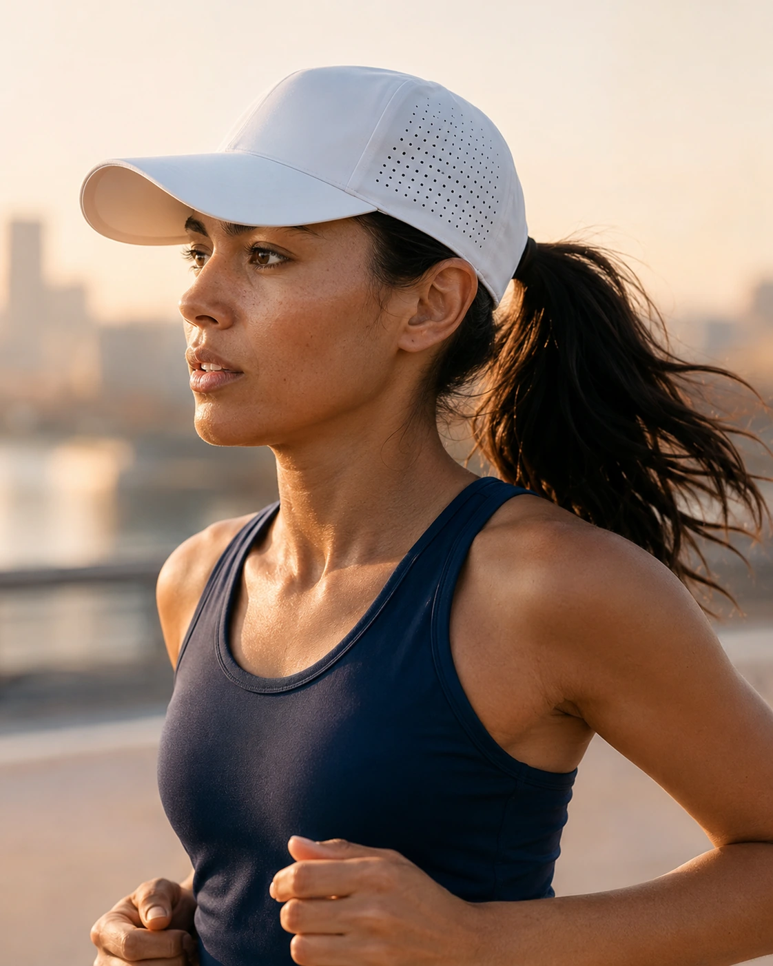 Runner wearing a white laser-perforated performance cap