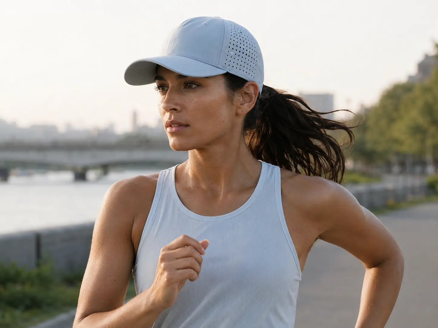Runner training beside a city river in a lightweight laser-perforated performance cap