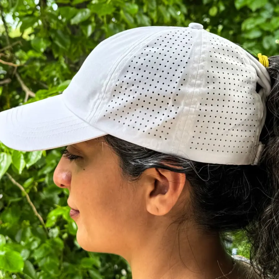 Close view of lightweight cap fabric and laser-cut ventilation