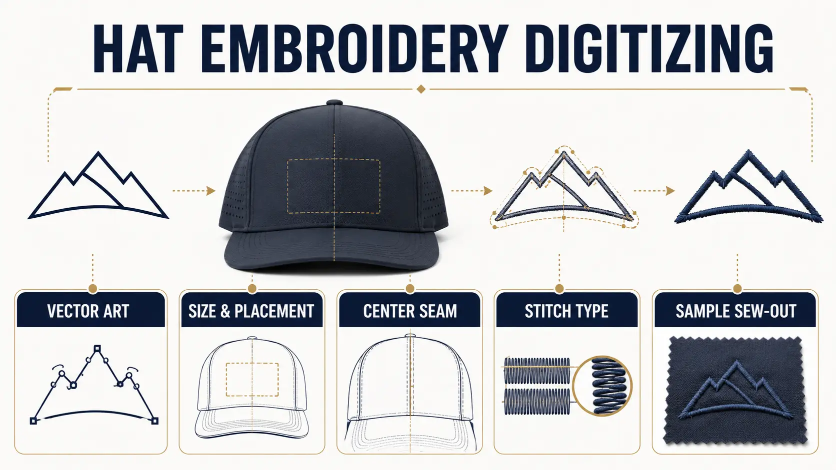 Hat embroidery digitizing checklist for brand logo artwork, placement, stitch method, and sew-out approval