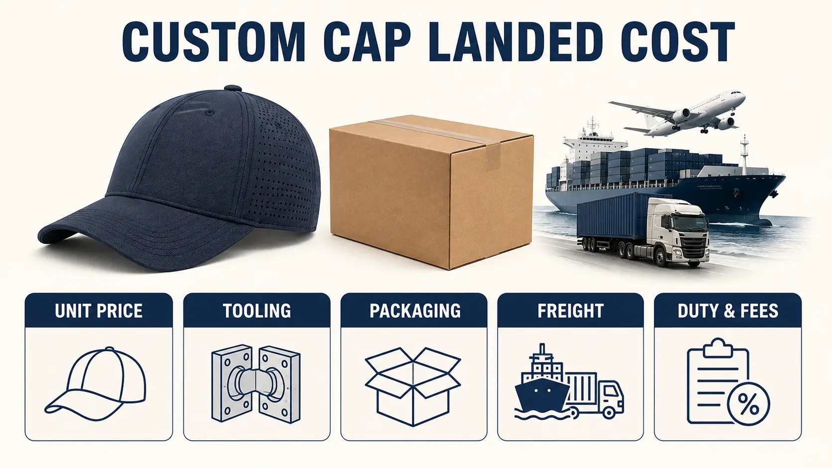 Custom cap landed cost worksheet with product, packaging, freight, duty, and risk cost fields