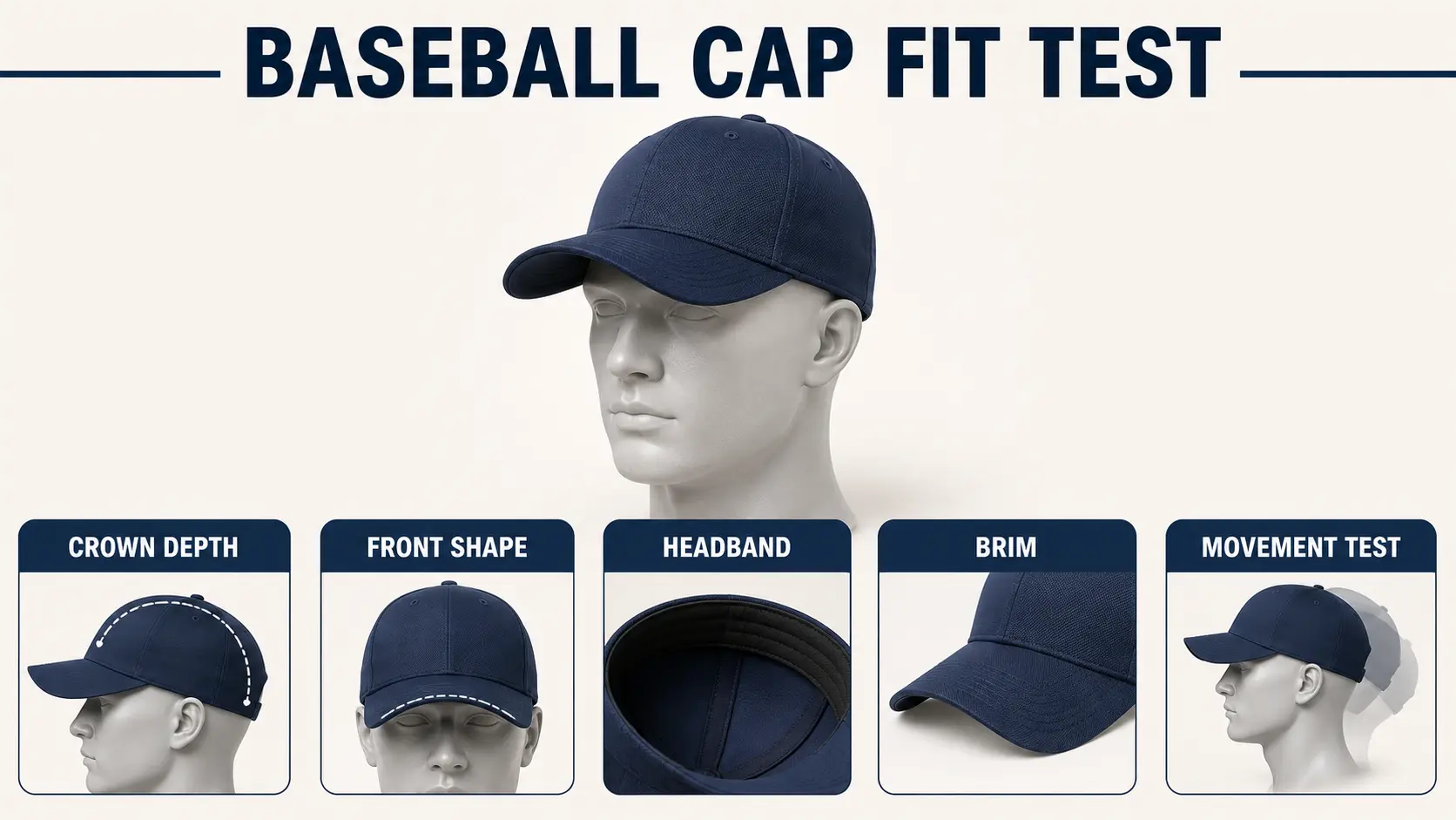 Custom baseball cap fit test showing head range, crown depth, pressure, brim, closure, and movement checks