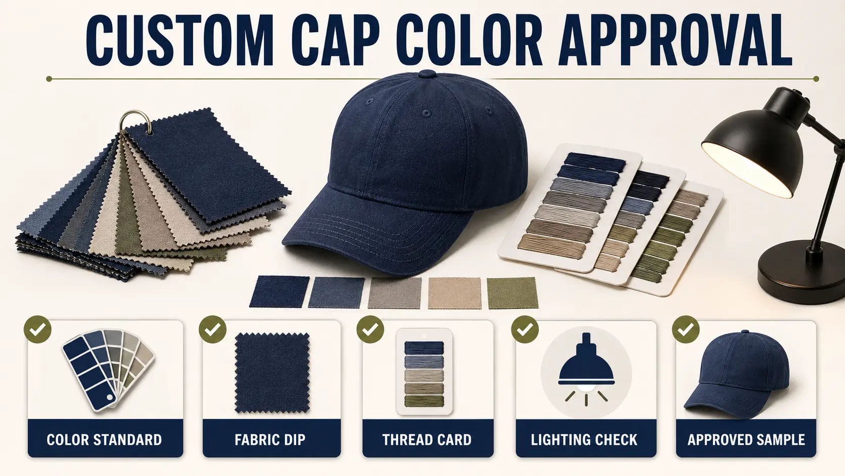 Custom cap color approval workflow for fabric, thread, patches, trims, lighting, and master sample control