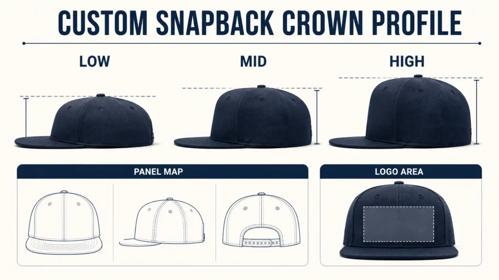 Low mid and high custom snapback crown profiles