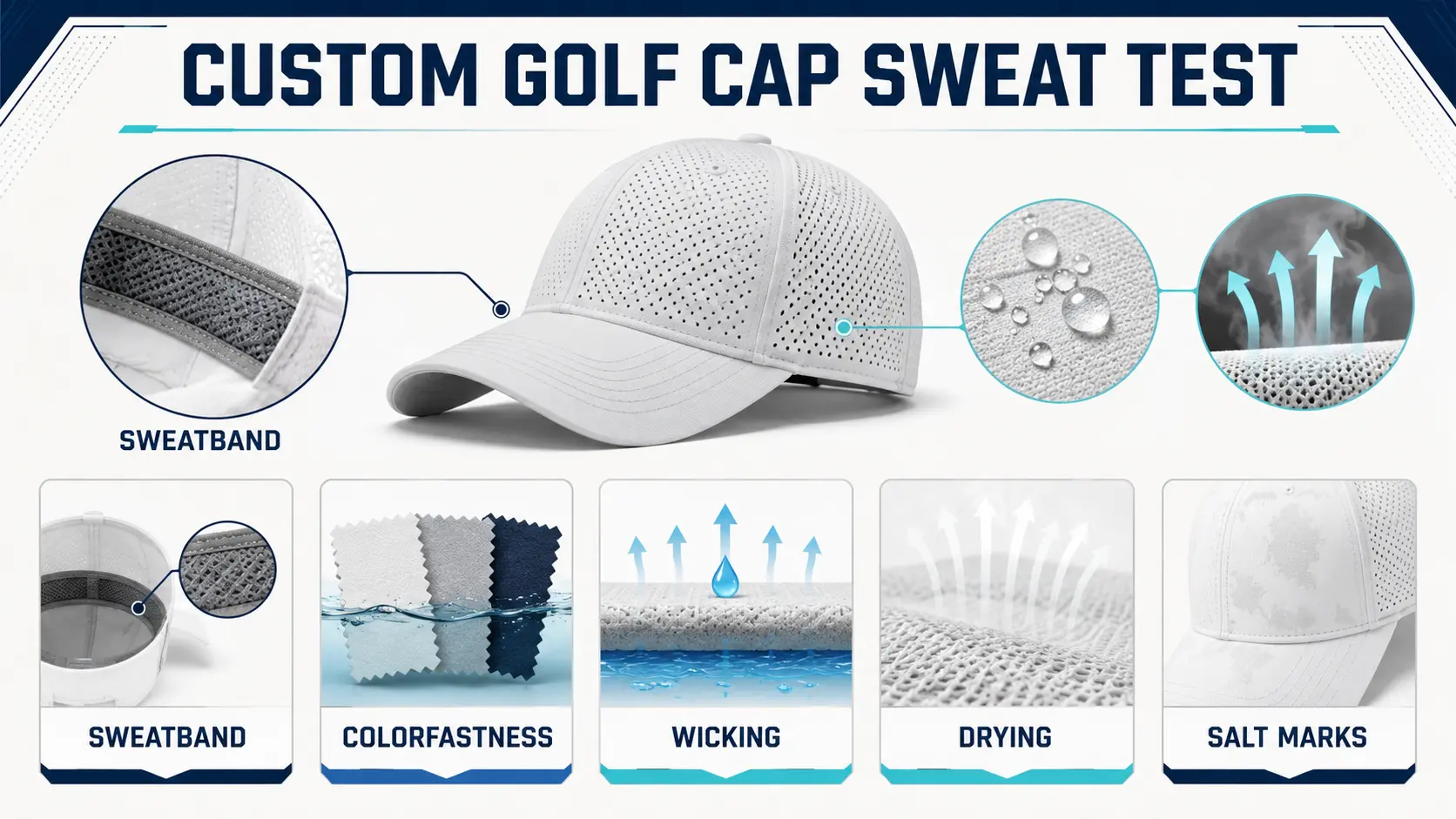 Custom golf cap sweat test for moisture movement, drying, color change, salt marks, fit, and odor review