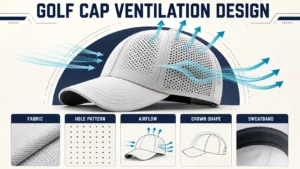 Golf cap ventilation design for airflow and crown shape