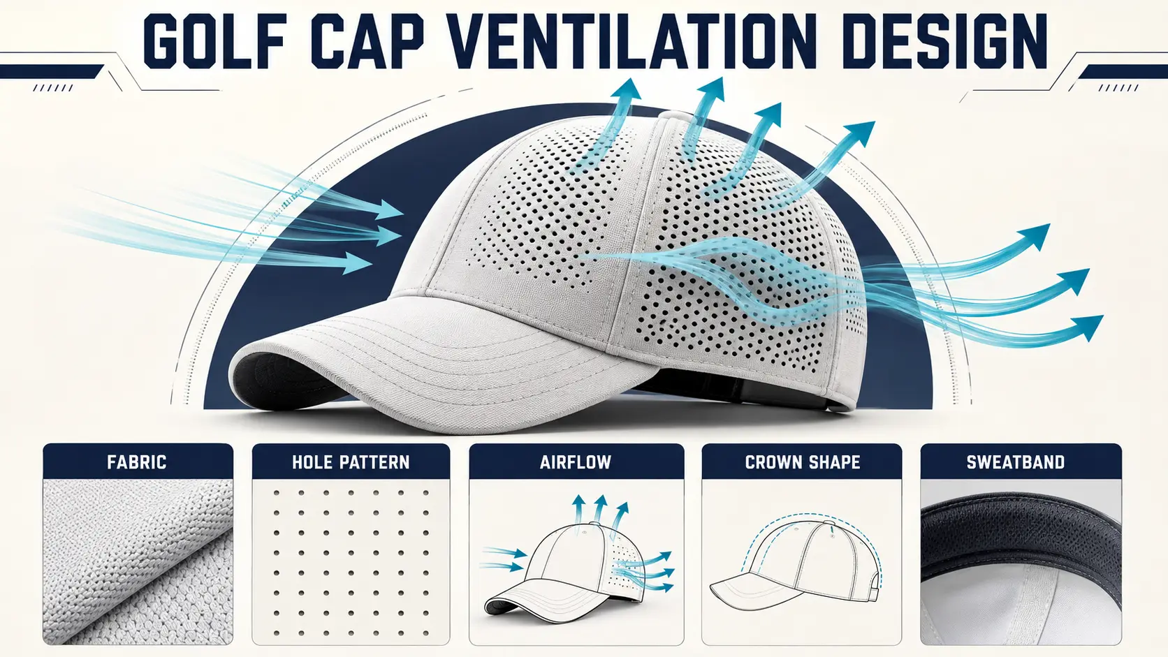 Golf cap ventilation design showing fabric, perforation zones, sweatband, crown structure, airflow, and wear testing