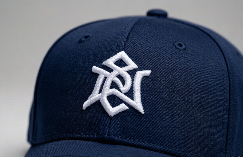 Close up of 3D puff embroidery stitching on a navy baseball cap JoinTop | Custom Hat Manufacturer Supplier | OEM ODM Headwear Factory Close up of 3D puff embroidery stitching on a navy baseball cap