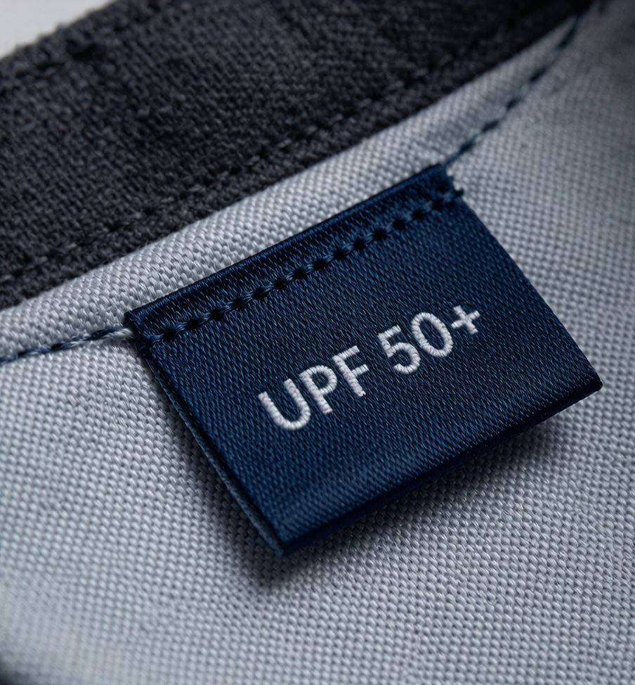 Close-up of a UPF 50+ fabric label inside a sun-protective hat