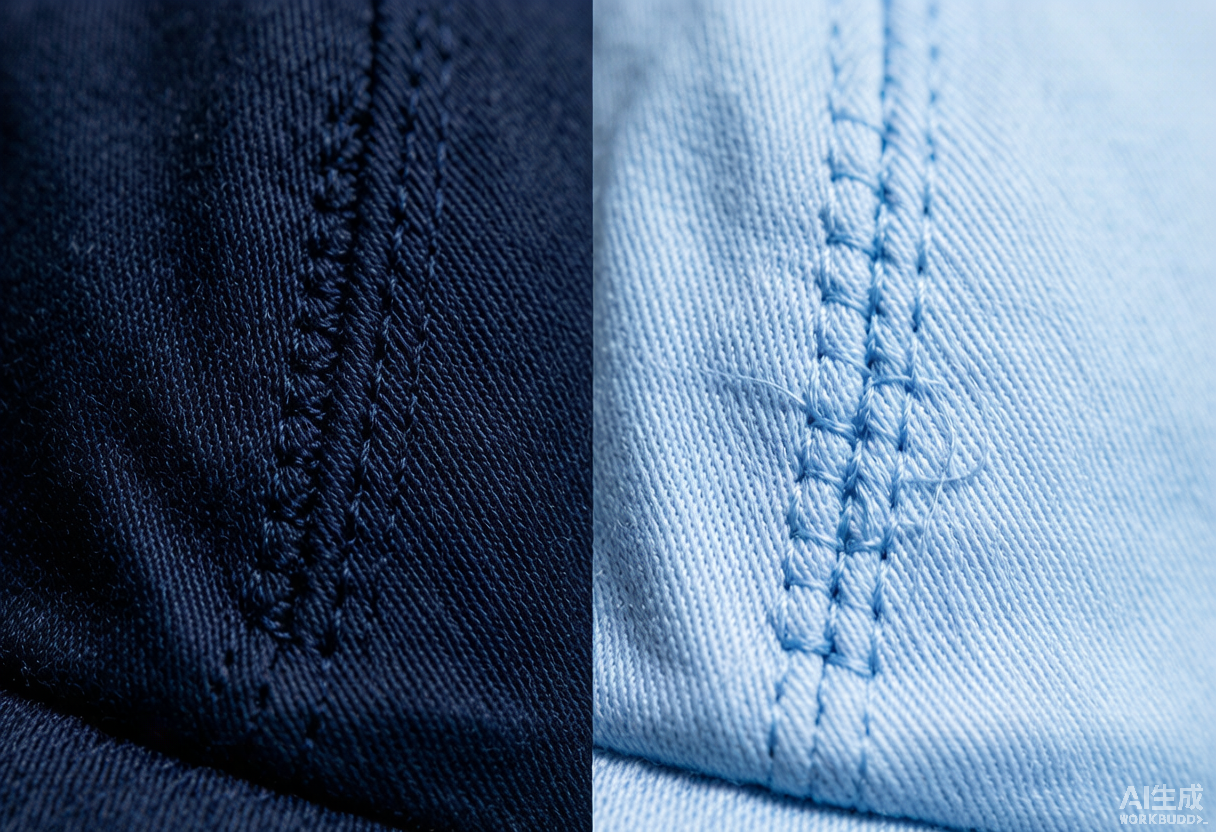 Close-up comparison showing 7-stitches-per-inch reinforced seam on a premium quality cap versus 4-stitches-per-inch on a budget cap.