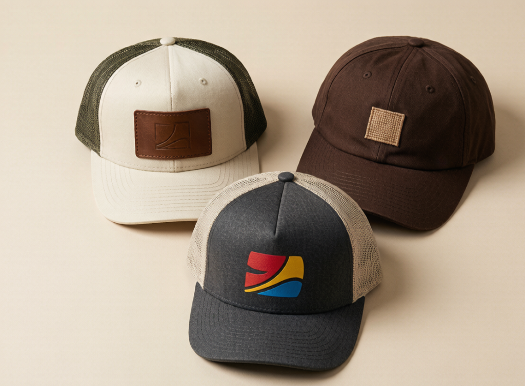 Flat lay of a leather patch trucker hat woven label dad hat and printed foam front cap JoinTop | Custom Hat Manufacturer Supplier | OEM ODM Headwear Factory Flat lay of a leather patch trucker hat woven label dad hat and printed foam front cap