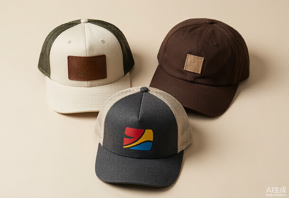 Flat lay of a leather patch trucker hat woven label dad hat and printed foam front cap