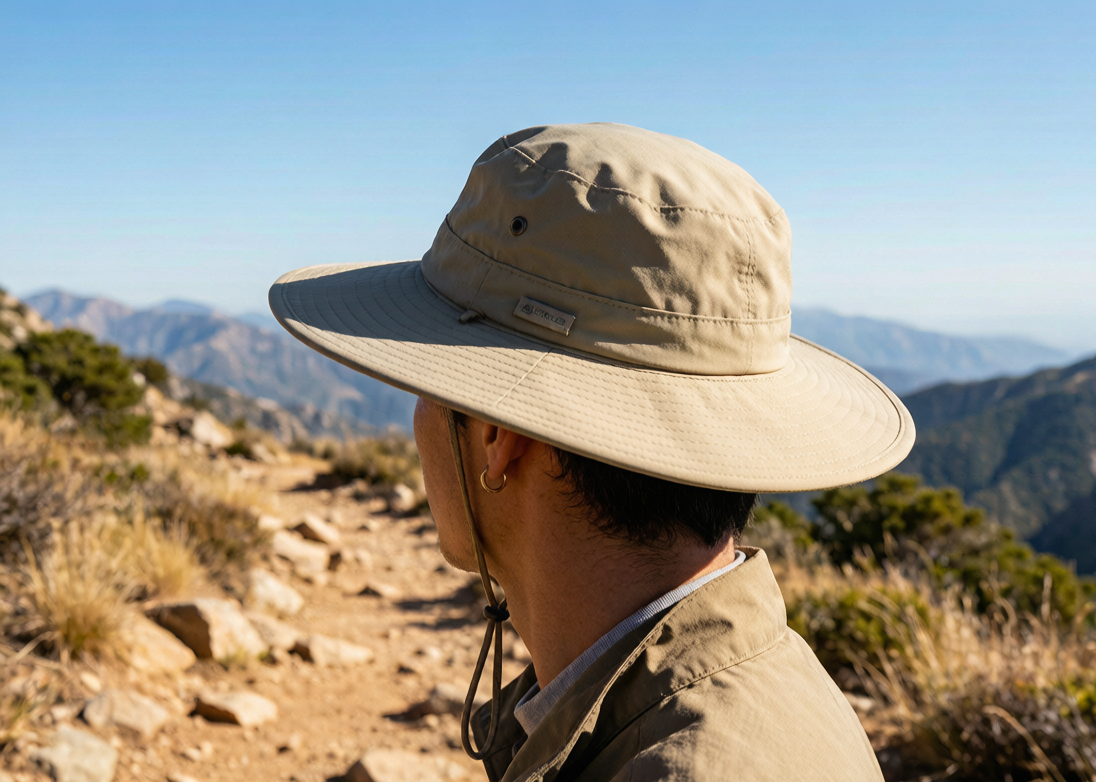 Person hiking on a sunny mountain trail wearing a wide-brim UPF 50+ hat