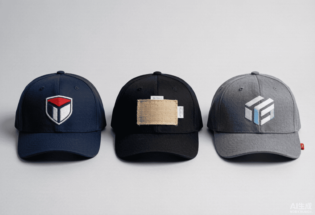Three custom hats showing embroidery woven patch and printed logo methods side by side