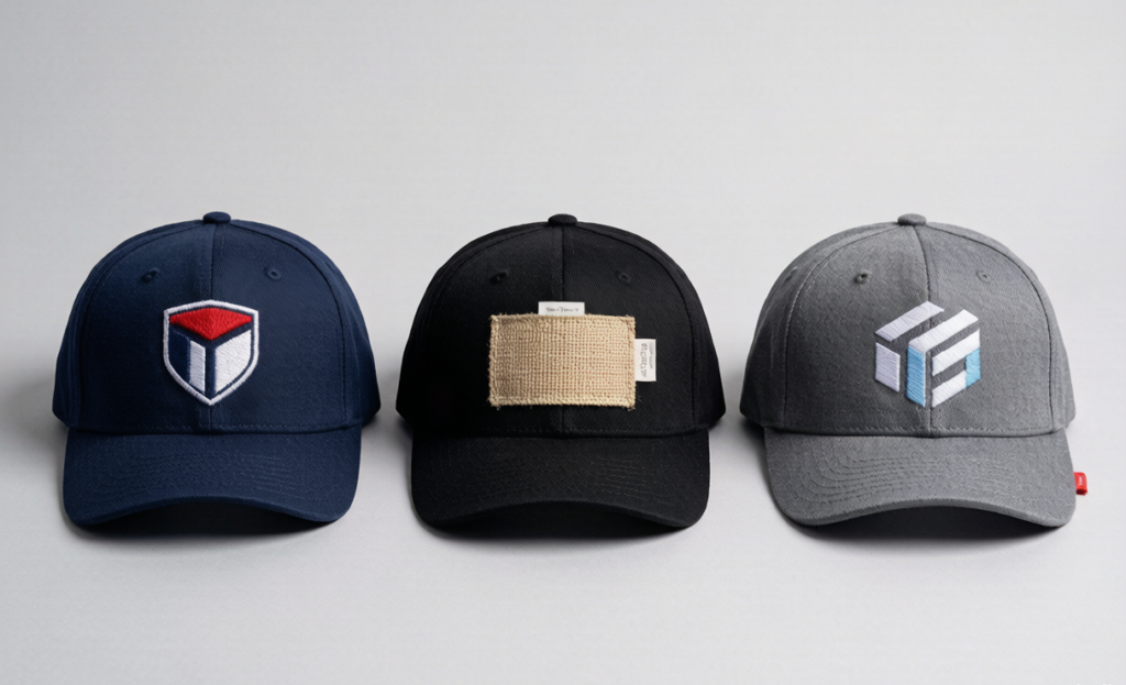 Three custom hats showing embroidery woven patch and printed logo methods side by side JoinTop | Custom Hat Manufacturer Supplier | OEM ODM Headwear Factory Three custom hats showing embroidery woven patch and printed logo methods side by side