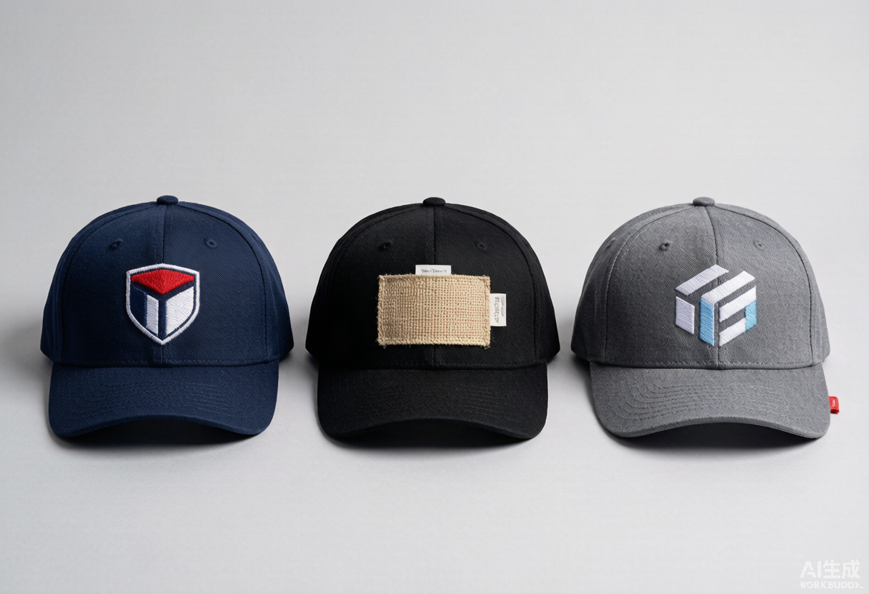 Three custom hats showing embroidery woven patch and printed logo methods side by side