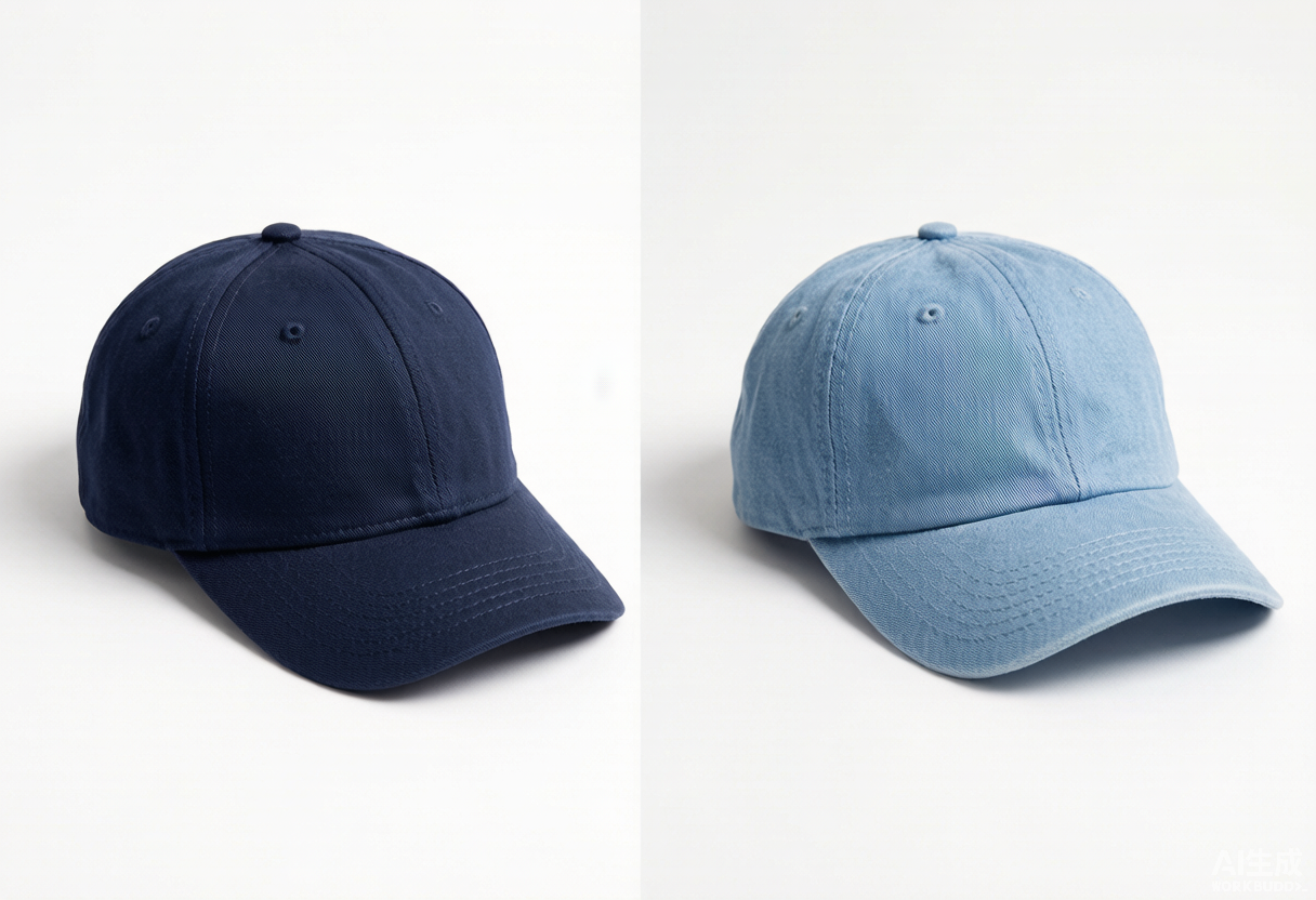 Premium quality cap constructed from heavy cotton twill next to a lighter budget cap for construction comparison.