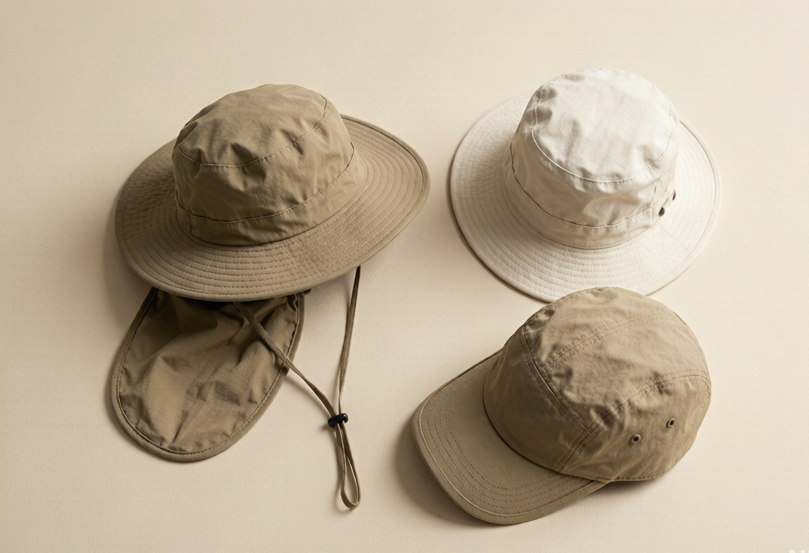 Flat lay of UPF-rated hat styles: bucket hat, safari hat, and performance cap