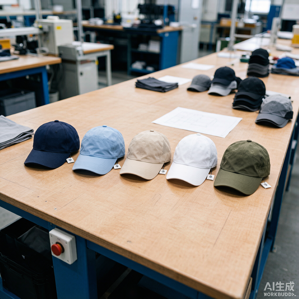Headwear factory counter-samples of premium quality caps in cotton twill and technical blends laid out for QA inspection.
