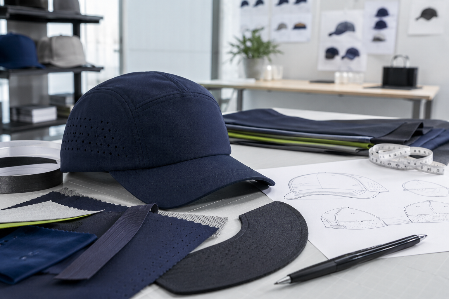Performance cap sample with fabric swatches and technical design notes