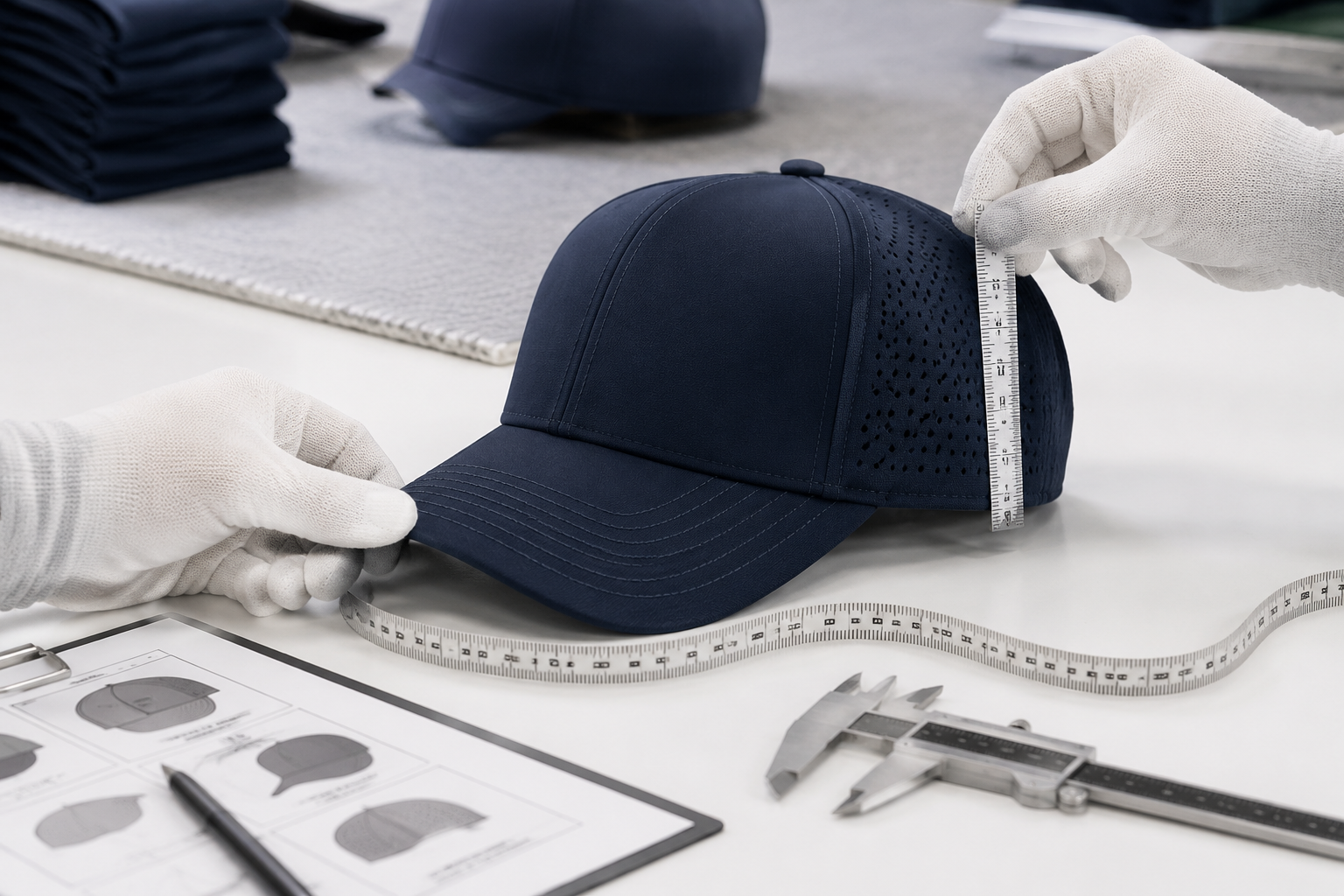 Navy performance cap being measured during quality inspection