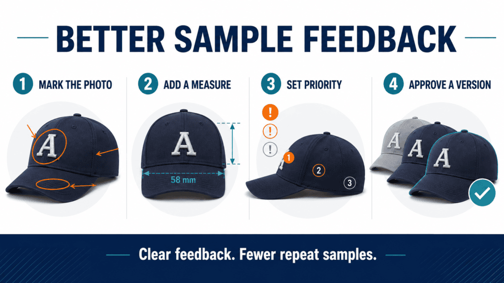 Four step custom hat sample feedback method mark the photo add a measure set priority and approve a version