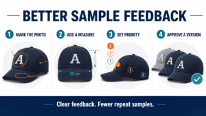 custom hat sample feedback infographic 20260814 JoinTop | Custom Hat Manufacturer Supplier | OEM ODM Headwear Factory Four step custom hat sample feedback method mark the photo add a measure set priority and approve a version