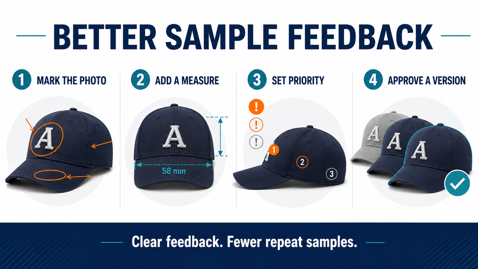 Four step custom hat sample feedback method mark the photo add a measure set priority and approve a version
