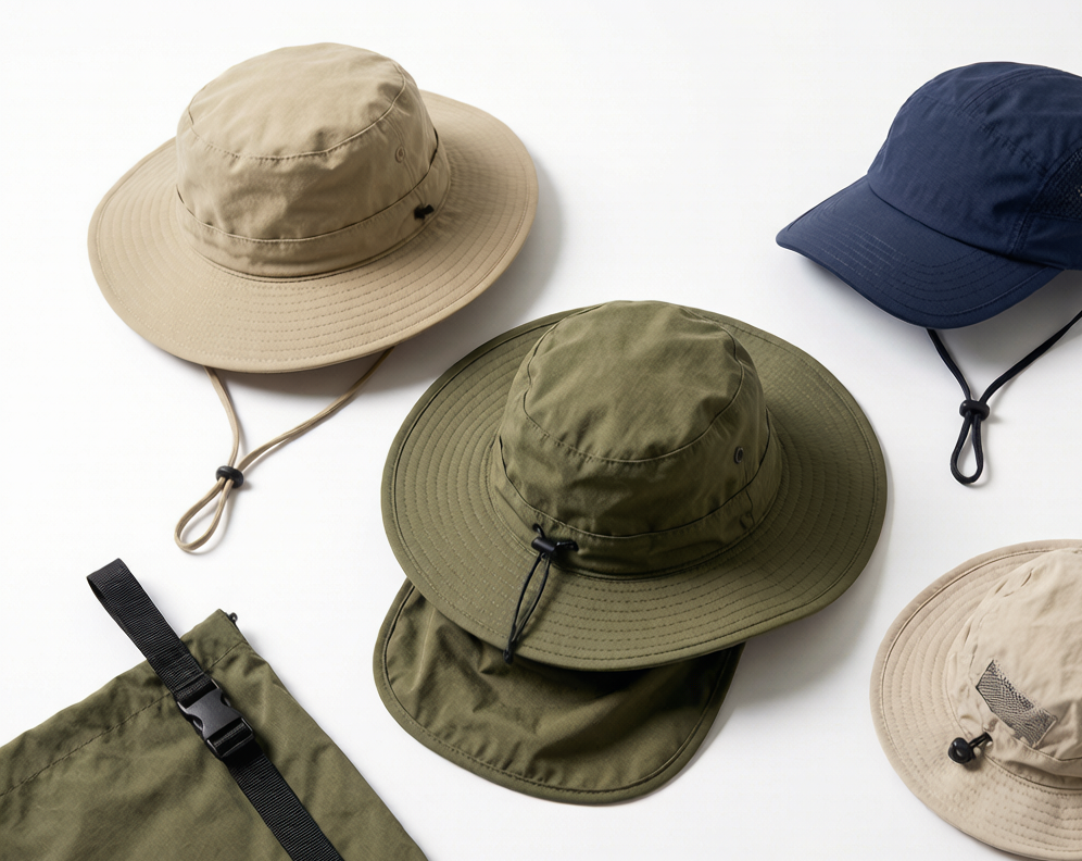 Assortment of UPF 50+ sun protection hats including bucket hat, performance cap, safari hat, and packable sun hat