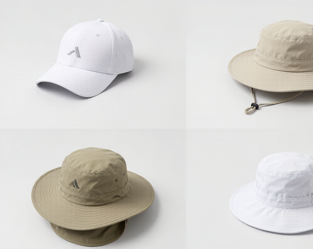 Comparison of four sun hat styles for different outdoor activities including golf cap, hiking safari hat, fishing boonie, and beach bucket hat