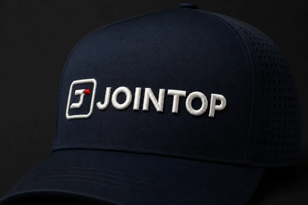 JoinTop logo in 3D puff embroidery on a navy five-panel laser-perforated performance hat with a seamless front panel