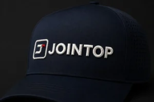 JoinTop logo in 3D puff embroidery on a navy five panel laser perforated performance hat with a seamless front panel