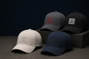JoinTop Logo Techniques on FivePanel Laser Performance Caps JoinTop | Custom Hat Manufacturer Supplier | OEM ODM Headwear Factory Four JoinTop five panel laser perforated performance hats showing different logo techniques