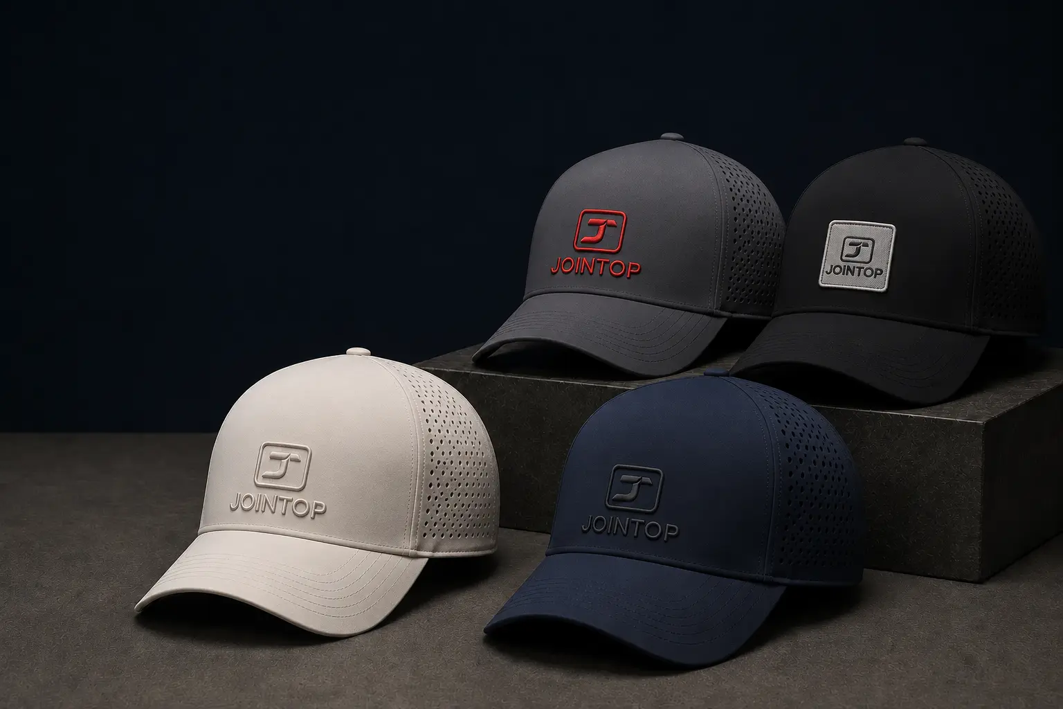 Four JoinTop five-panel laser-perforated performance hats showing different logo techniques