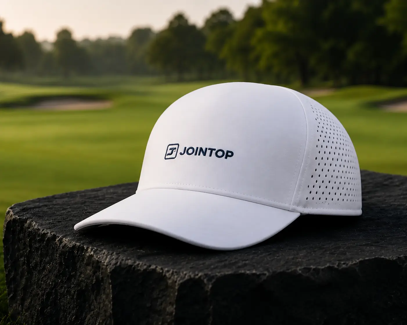 White JoinTop five-panel laser-perforated performance golf cap with a seamless front panel and 3D embroidered logo