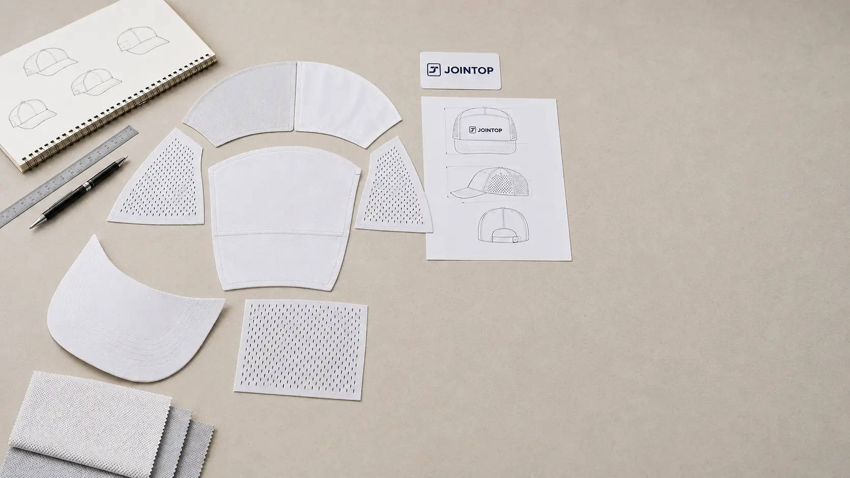 White performance fabric, laser ventilation tests, logo artwork, and a matching five-panel cap drawing on a development table