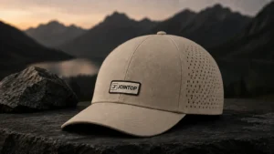 Premium light stone JoinTop six panel laser perforated outdoor performance cap with a centered woven logo patch
