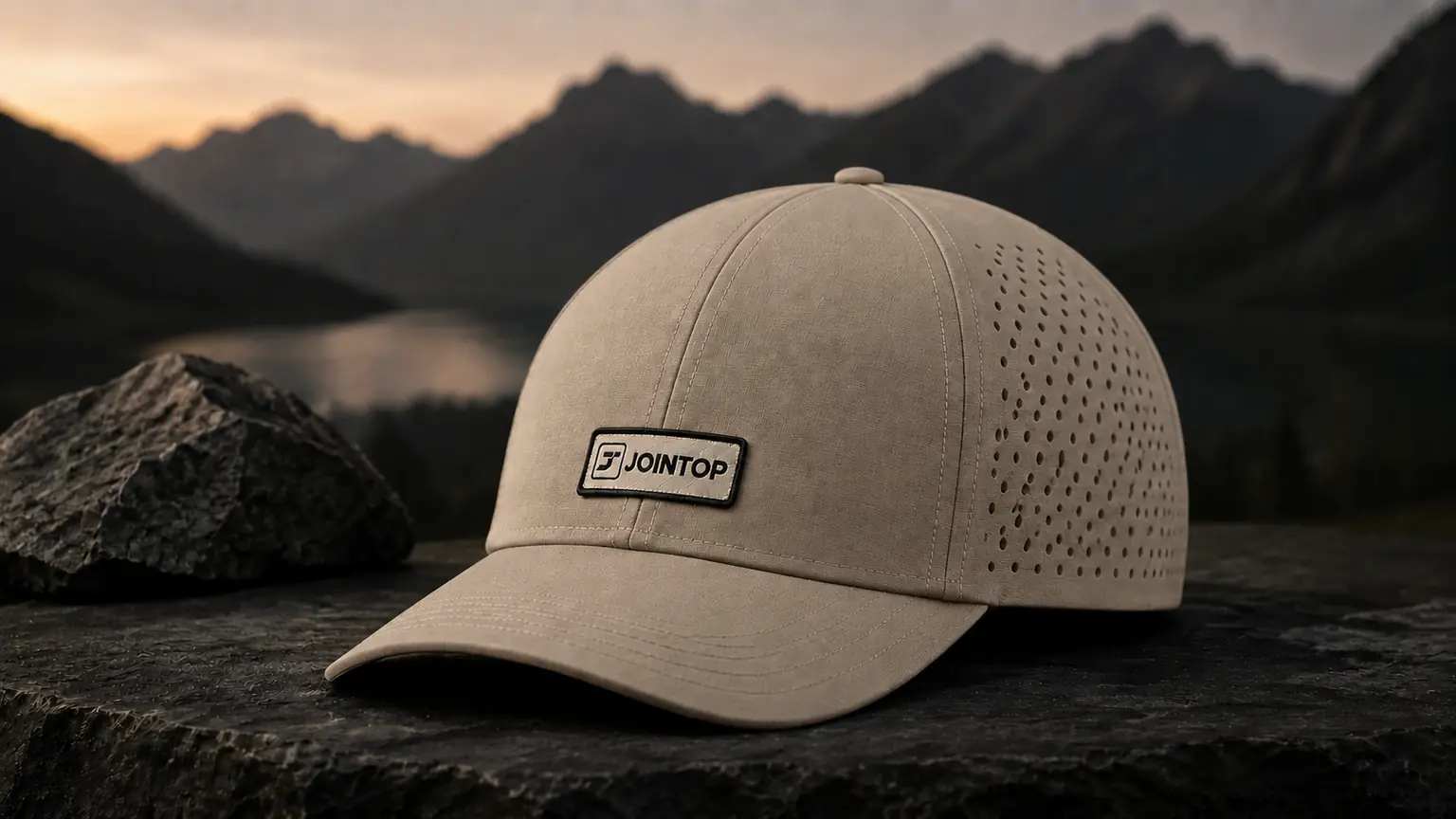 Light stone six-panel cap with woven patch and branded construction details