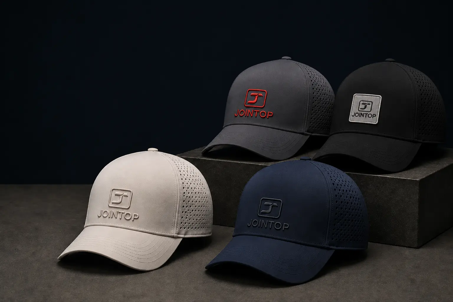 Four JoinTop performance cap samples with laser-cut ventilation and different logo finishes