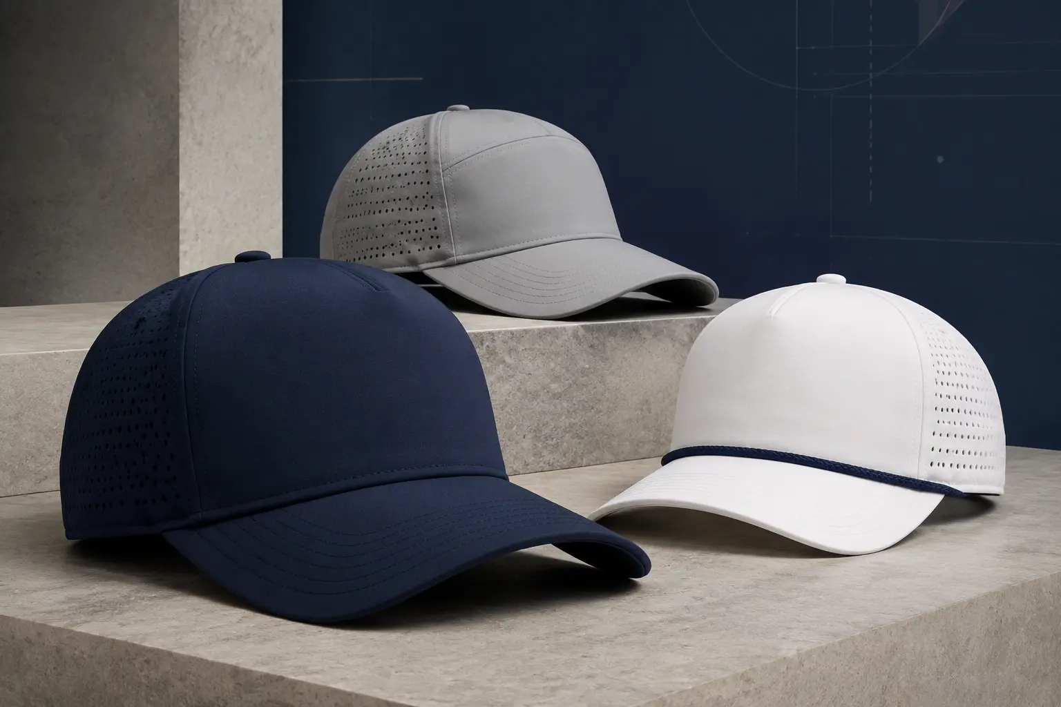 Three unbranded Performance Caps with laser-perforated side and back panels