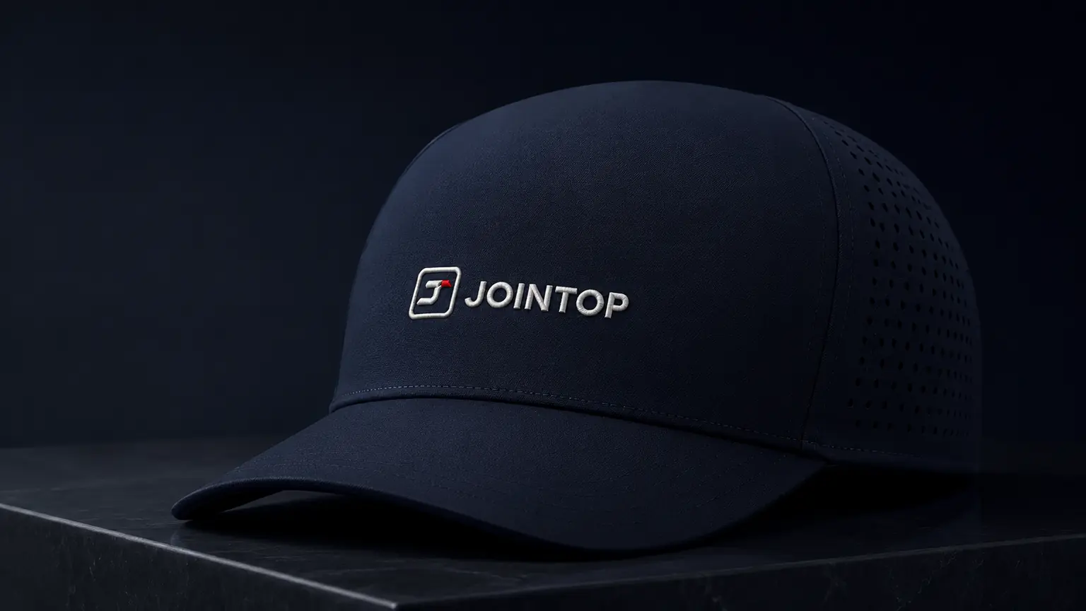 Navy five-panel cap with raised logo used as a construction and decoration reference