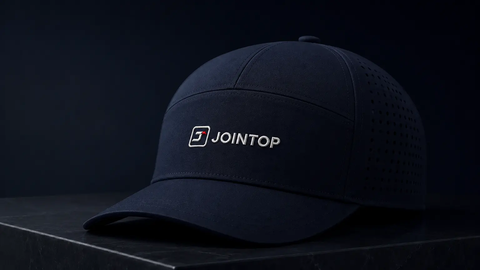 Seven-panel navy cap with raised 3D puff embroidery on the front