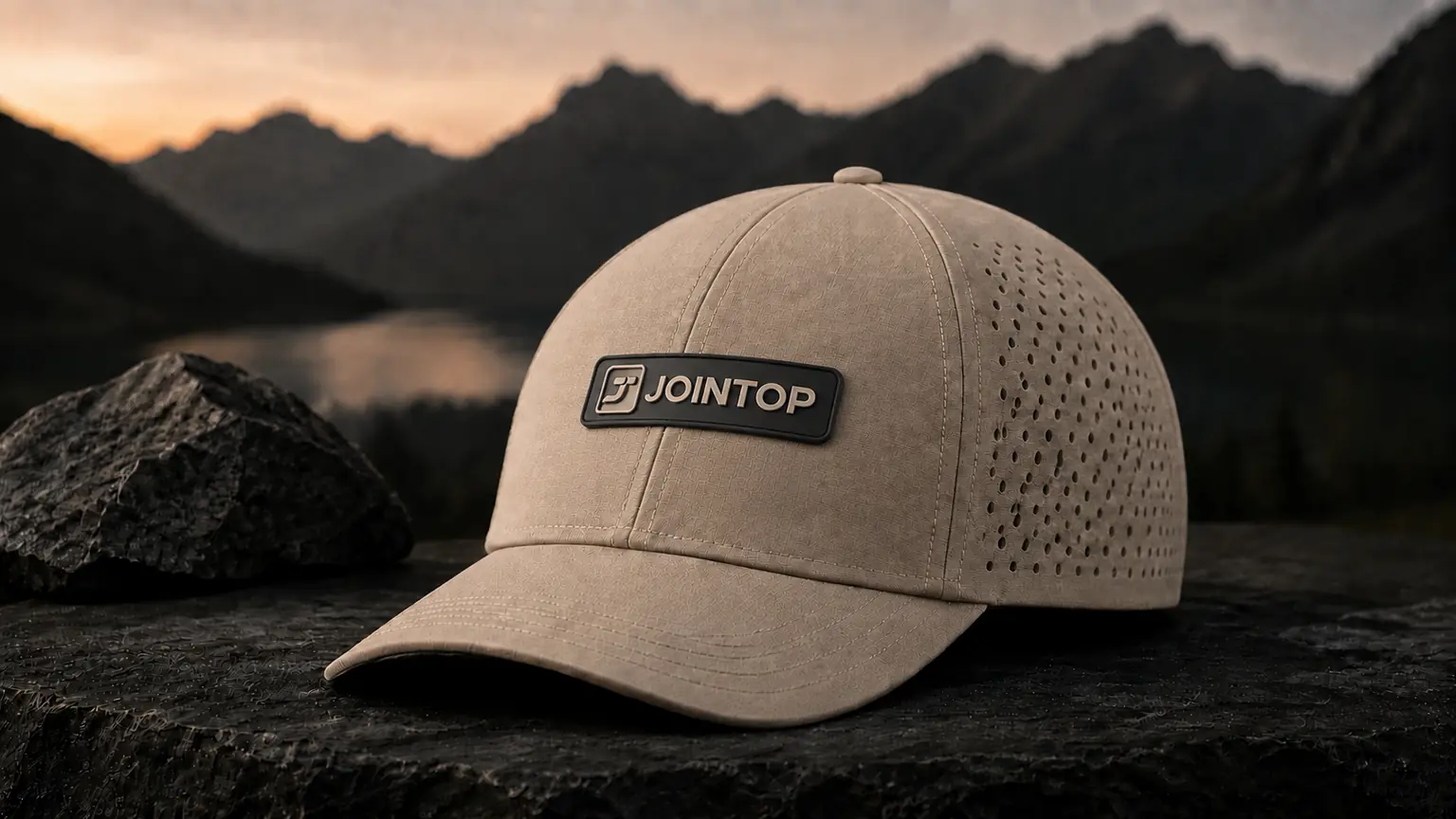 Light stone laser-perforated performance cap with a silicone JoinTop patch in an outdoor setting