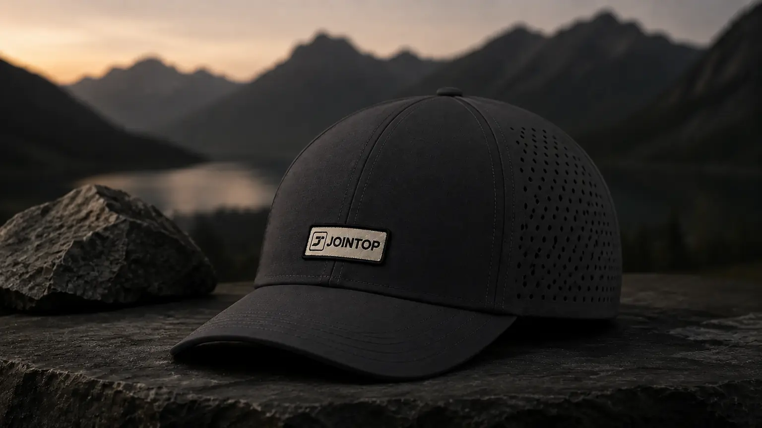 Charcoal six-panel cap with centered woven patch above the brim