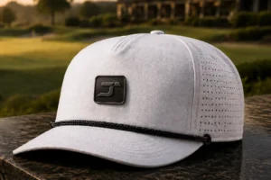 JoinTop Custom Rope Hat Hero Raised JT Logo JoinTop | Custom Hat Manufacturer Supplier | OEM ODM Headwear Factory Premium white JoinTop performance rope hat with raised JT logo on a golf course