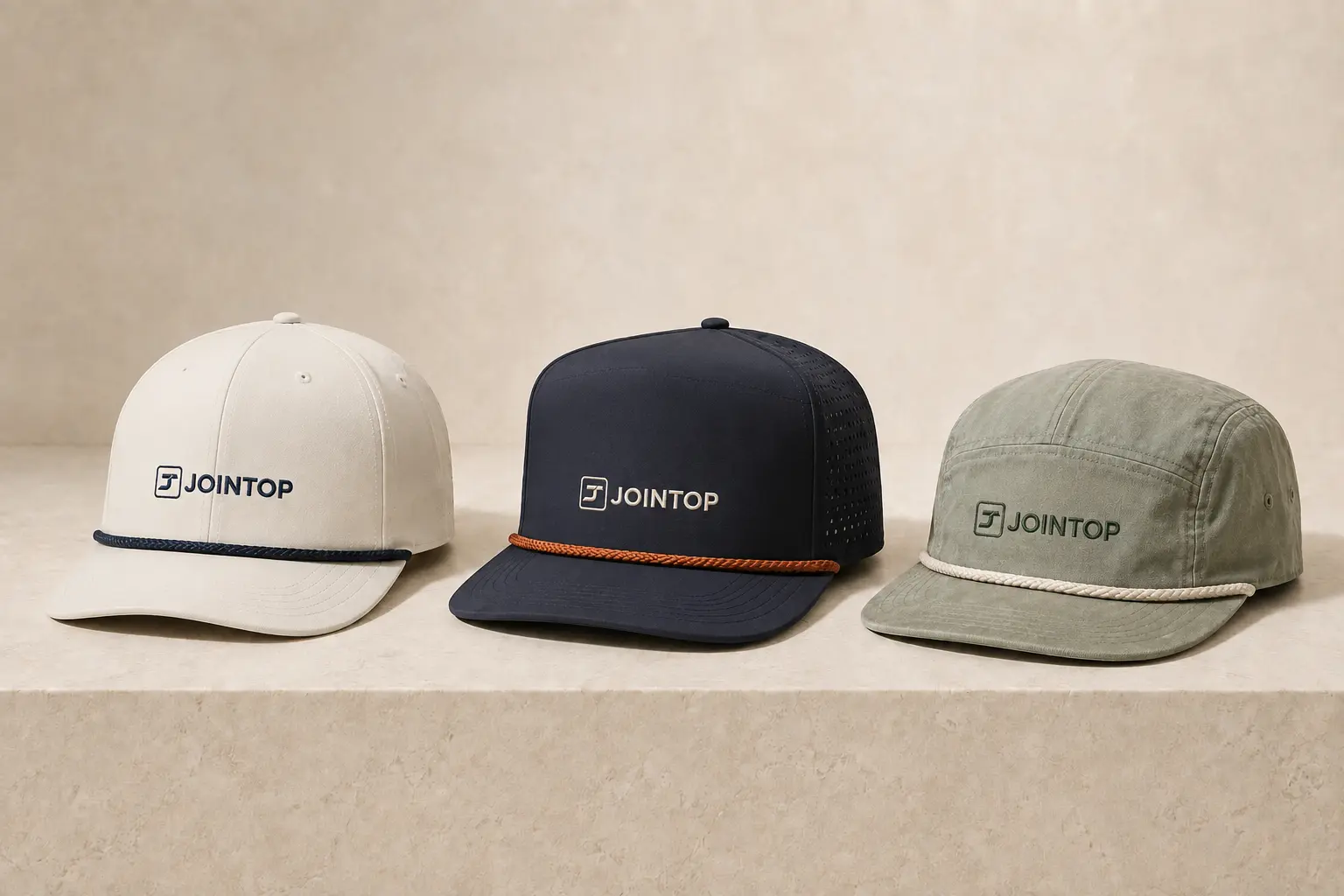 Three JoinTop custom rope hats in distinct golf, performance and lifestyle cap shapes