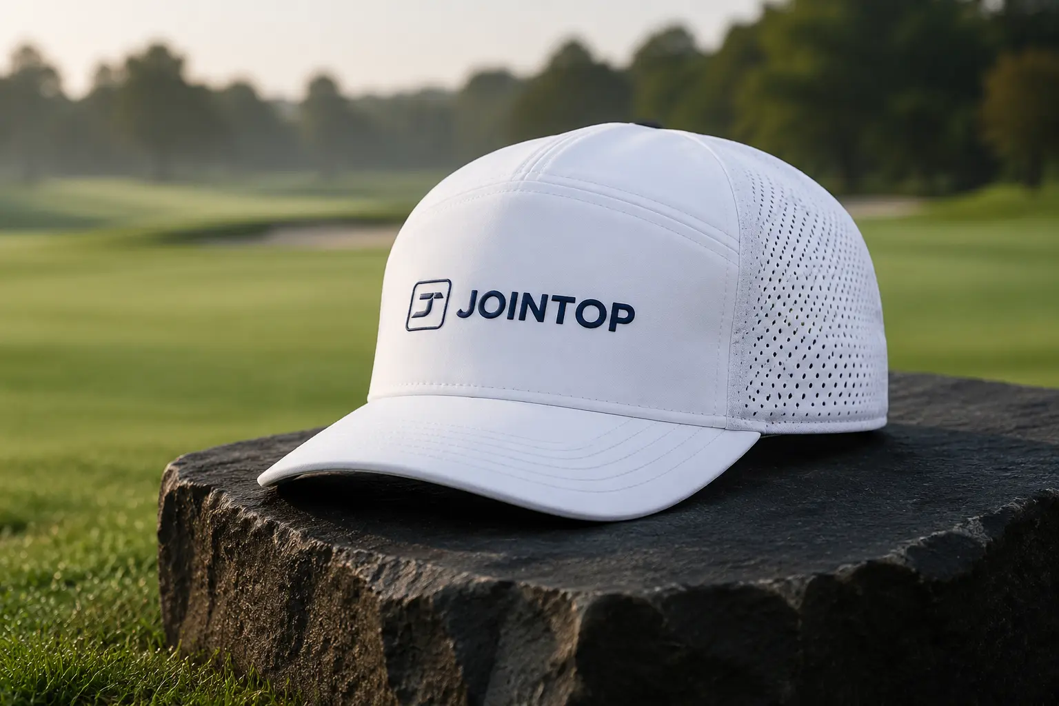 White JoinTop performance golf cap with a thin TPU logo
